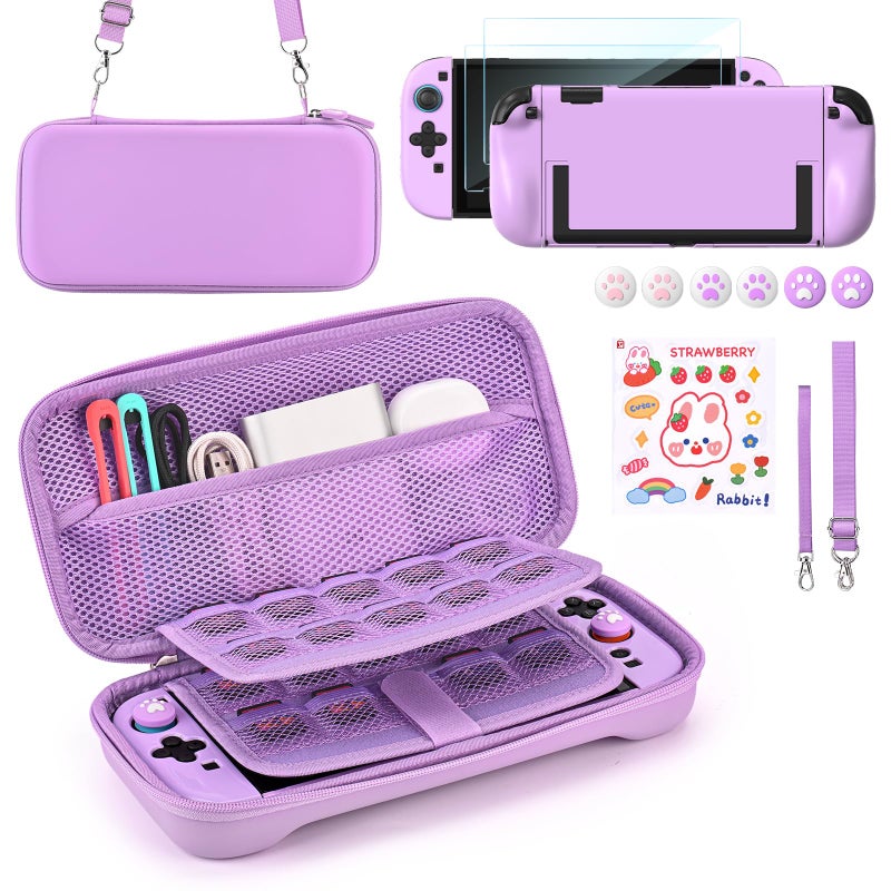 Younik Switch 2 Accessories Bundle, 15 in 1 Purple Switch 2 Accessories Kit for Girls Include Switch 2 Carrying Case, Shoulder Strap, Wrist Strap & Stickers, Protective Case for Switch Console & J-Con - Image 1