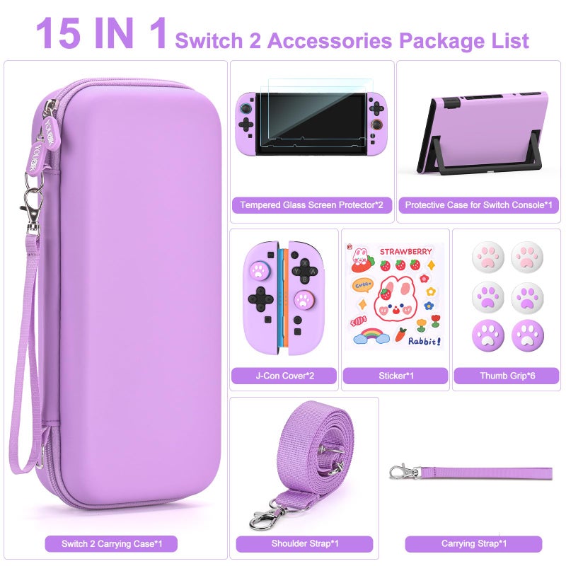 Younik Switch 2 Accessories Bundle, 15 in 1 Purple Switch 2 Accessories Kit for Girls Include Switch 2 Carrying Case, Shoulder Strap, Wrist Strap & Stickers, Protective Case for Switch Console & J-Con - Image 3
