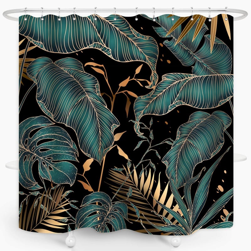 ZXMBF Green Gold Tropical Palm Leaves Shower Curtain Abstract Banana Leaf Modern Botanical Plant Nature Aesthetic Emerald green Bathroom Decor Waterproof Fabric 72Lx72W Inch with Hooks - Image 2