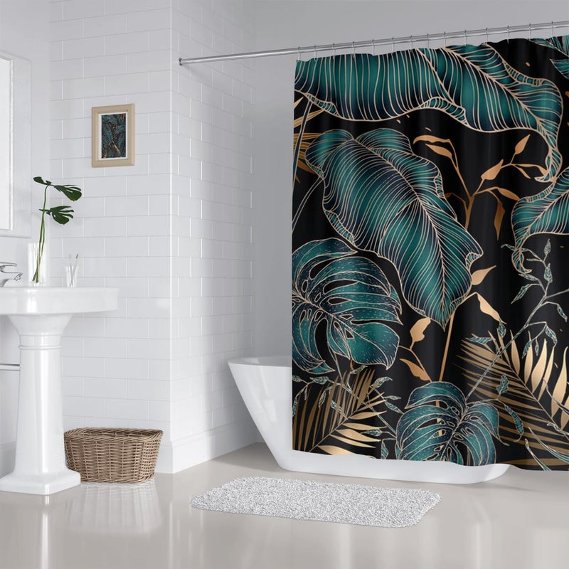 ZXMBF Green Gold Tropical Palm Leaves Shower Curtain Abstract Banana Leaf Modern Botanical Plant Nature Aesthetic Emerald green Bathroom Decor Waterproof Fabric 72Lx72W Inch with Hooks - Image 4
