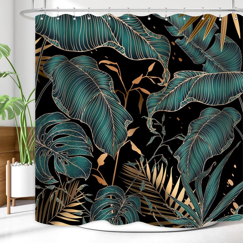 ZXMBF Green Gold Tropical Palm Leaves Shower Curtain Abstract Banana Leaf Modern Botanical Plant Nature Aesthetic Emerald green Bathroom Decor Waterproof Fabric 72Lx72W Inch with Hooks - Image 3