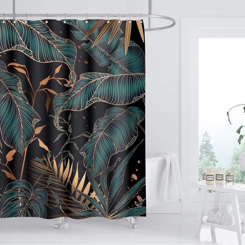 ZXMBF Green Gold Tropical Palm Leaves Shower Curtain Abstract Banana Leaf Modern Botanical Plant Nature Aesthetic Emerald green Bathroom Decor Waterproof Fabric 72Lx72W Inch with Hooks - Image 1