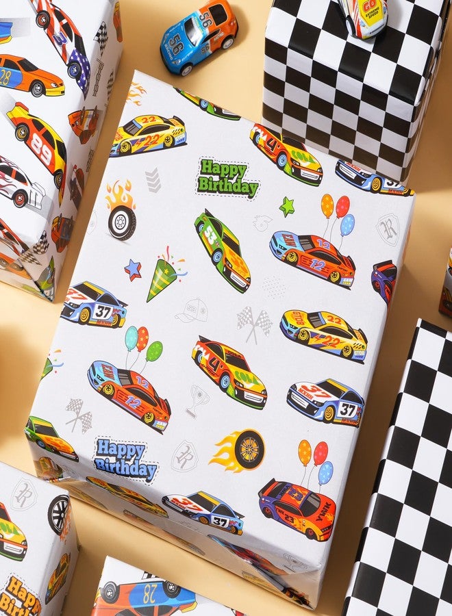 ZINTBIAL Race Car Wrapping Paper Rolls - Birthday Wrapping Paper for Kids Boys Autodrome Set Perfect for Party, Celebrating, Baby Boy Present Packing– 3 Rolls - 17 Inch X 120 Inch Per Roll - Image 4