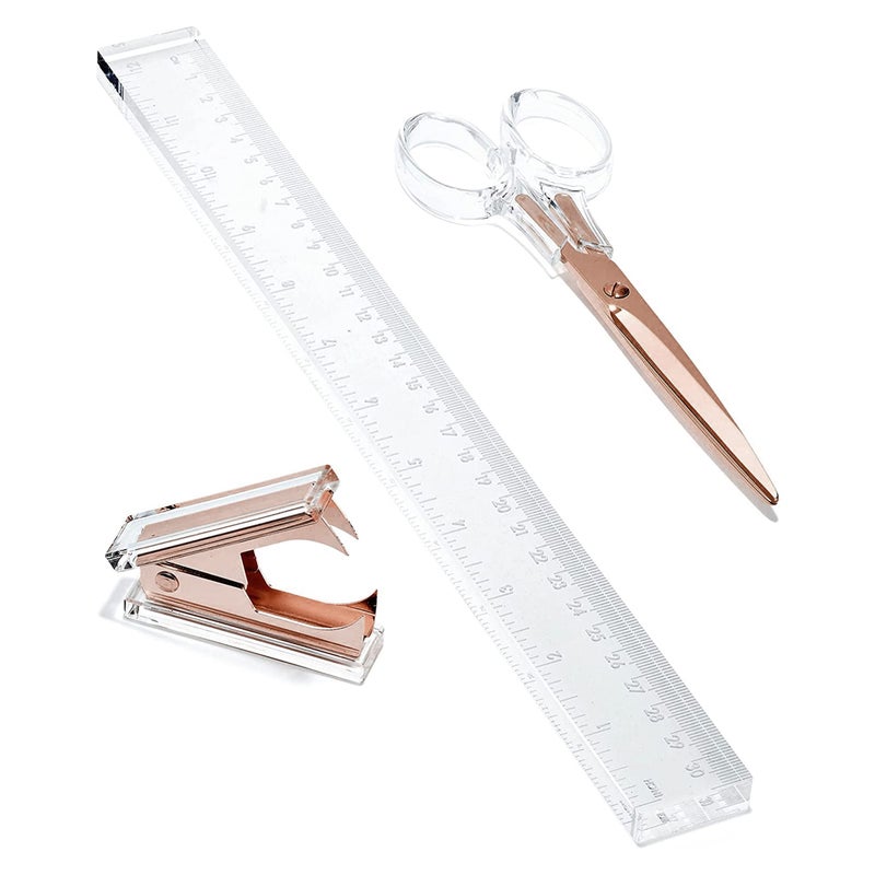 OfficeGoods 3 Piece Acrylic Desk Set Includes Ruler Staple Remover Scissors Functional Elegant Desk Accessories Stationery Tools for Home Office and School Clear with Rose Gold Metal