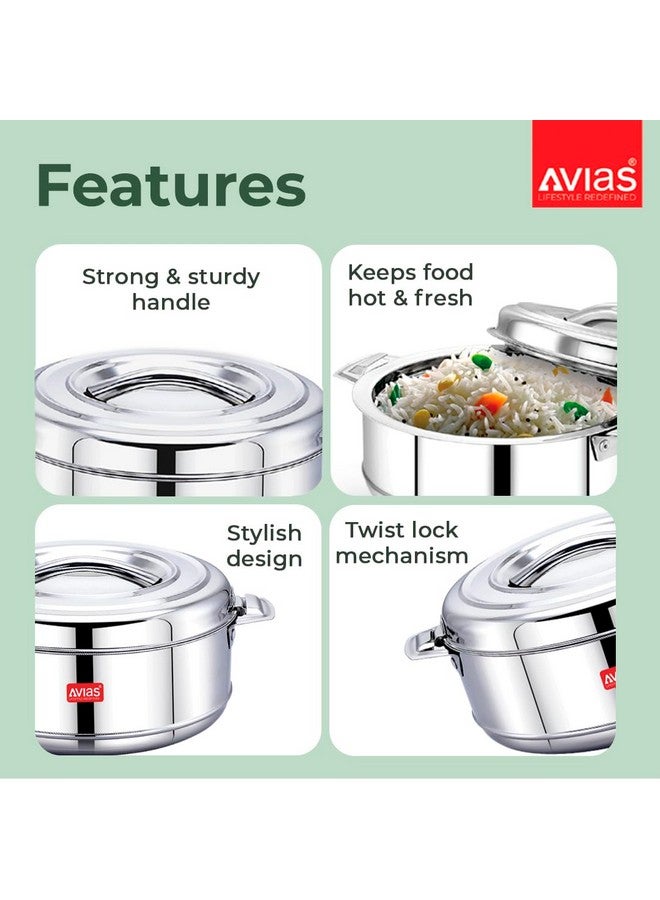 AVIAS Astra Double Wall Insulated Stainless Steel Casserole, 2500ml Hot Box for Kitchen, Hot Case with Steel Lid, Silver Hot Pot for Roti-Rice-Gravy, Chapathi Box, Twisted Lock, 2.5L - Image 2