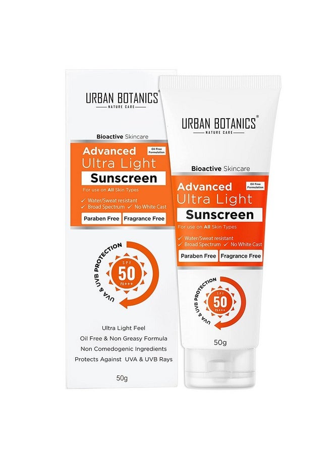 UrbanBotanics - Advance Ultra Light Sunscreen Spf 50 Pa+++ - Oil Free - Non Comedogenic- Water/Sweat Resistant - Protect Against Uva/Uvb Rays - Zero White Cast - For Men & Women, 50G - Image 1