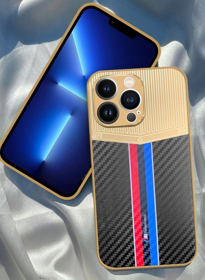 CATANES Luxury Gold Plated Case for iPhone 13 Pro Max - Hybrid Electroplated Frame Back Cover with Carbon Fiber Texture - Racing Stripe Pattern Black - Image 3
