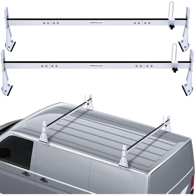 rayihni Adjustable Roof Ladder Rack for Van, 3 Bars Adjustable Matte Coating Van Rack with Ladder Stoppers (White, 2 PCS) - Image 1