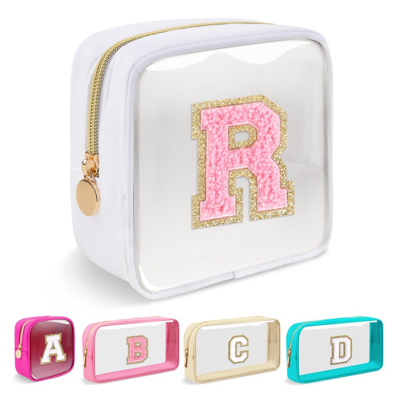 Iqimott Mini Clear Personalized Initial Makeup BagNylon Preppy AZ Chenille Letter Patch Zipper Cosmetic Bag Small Cute Beach Pouch Travel Purse Sanitary Napkin Storage Bag for Women GirlsWhitePink R - Image 2