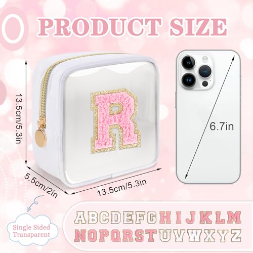 Iqimott Mini Clear Personalized Initial Makeup BagNylon Preppy AZ Chenille Letter Patch Zipper Cosmetic Bag Small Cute Beach Pouch Travel Purse Sanitary Napkin Storage Bag for Women GirlsWhitePink R - Image 3