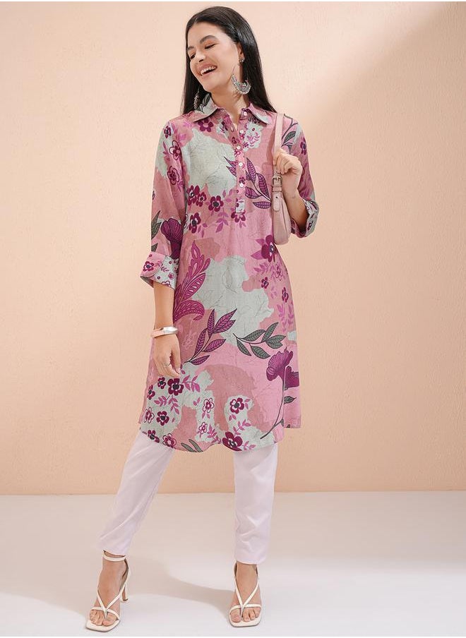 Vishudh Women Purple Floral Printed Viscose Kurta by Styli  - Image 1
