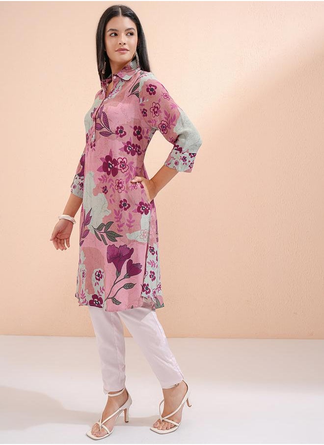 Vishudh Women Purple Floral Printed Viscose Kurta by Styli  - Image 2