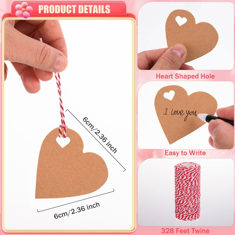 FOBSME 500 Pcs Brown Heart Gift Tags Valentine's Heart Shaped Kraft Paper Tags Blank Hearts Hanging Labels Present Wrapping Tags with 328 Ft String for Mother's Day Weddings Party - Image 2