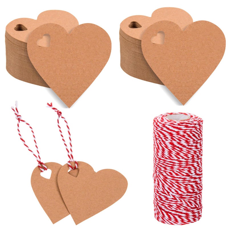 FOBSME 500 Pcs Brown Heart Gift Tags Valentine's Heart Shaped Kraft Paper Tags Blank Hearts Hanging Labels Present Wrapping Tags with 328 Ft String for Mother's Day Weddings Party - Image 1