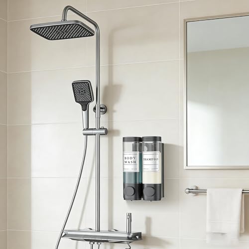 Cabo Deseado Shampoo and Conditioner Dispenser Bathroom Shower Soap Dispenser Wall Mounted Shampoo Dispenser for Shower Wall No Drill 2 * 300ml Black 2 Chamber with Waterproof Labels - Image 2