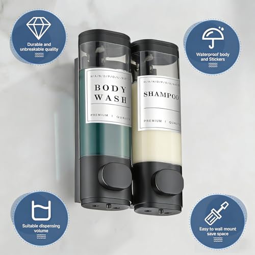 Cabo Deseado Shampoo and Conditioner Dispenser Bathroom Shower Soap Dispenser Wall Mounted Shampoo Dispenser for Shower Wall No Drill 2 * 300ml Black 2 Chamber with Waterproof Labels - Image 5
