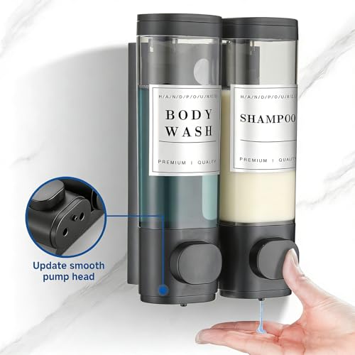 Cabo Deseado Shampoo and Conditioner Dispenser Bathroom Shower Soap Dispenser Wall Mounted Shampoo Dispenser for Shower Wall No Drill 2 * 300ml Black 2 Chamber with Waterproof Labels - Image 4
