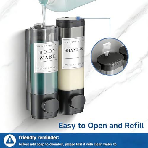 Cabo Deseado Shampoo and Conditioner Dispenser Bathroom Shower Soap Dispenser Wall Mounted Shampoo Dispenser for Shower Wall No Drill 2 * 300ml Black 2 Chamber with Waterproof Labels - Image 3