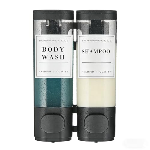 Cabo Deseado Shampoo and Conditioner Dispenser Bathroom Shower Soap Dispenser Wall Mounted Shampoo Dispenser for Shower Wall No Drill 2 * 300ml Black 2 Chamber with Waterproof Labels - Image 1