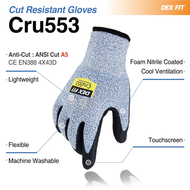 DEX FIT Level 5 Cut Resistant Gloves Cru553-3D-Comfort Fit  Firm Grip  Thin & Lightweight  Touchscreen Compatible  Durable  Breathable  Machine Washable;Blue XS (6) 1 Pair - Image 2
