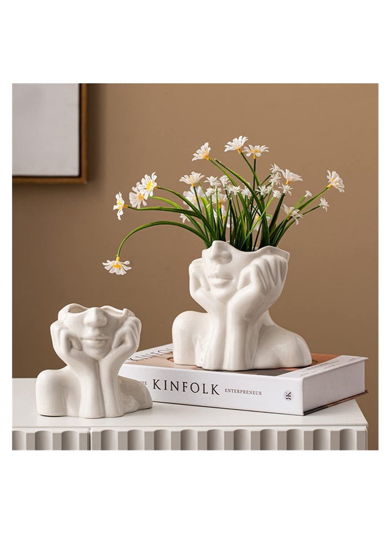 Boho White Ceramic Female Face Vase, Minimalist Nordic Style Decorative Flower Holder for Home & Office (W 5.5" x H 4.5") - Image 4