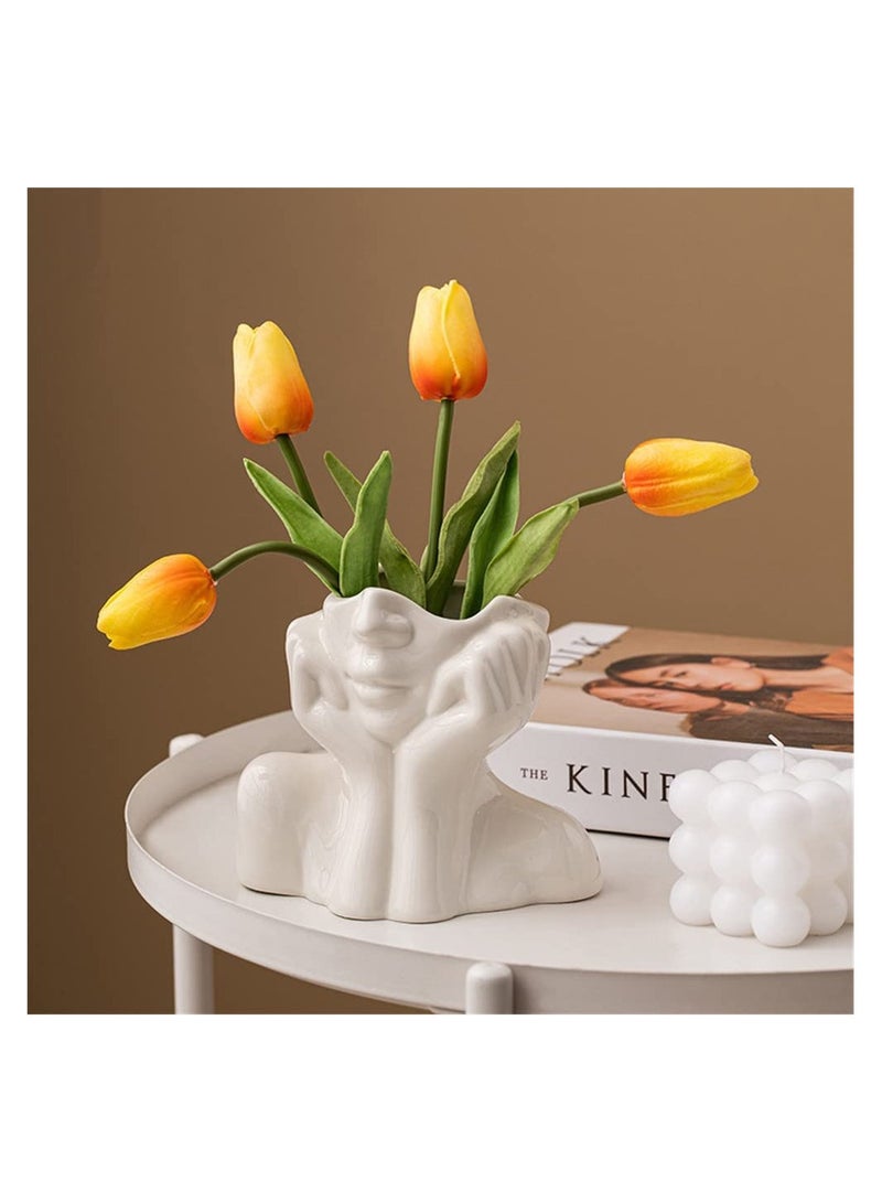 Boho White Ceramic Female Face Vase, Minimalist Nordic Style Decorative Flower Holder for Home & Office (W 5.5" x H 4.5") - Image 2