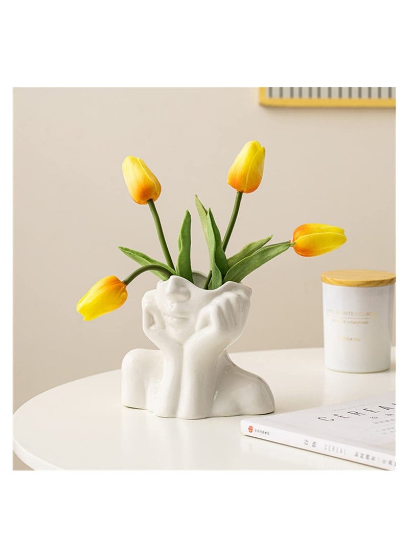 Boho White Ceramic Female Face Vase, Minimalist Nordic Style Decorative Flower Holder for Home & Office (W 5.5" x H 4.5") - Image 3