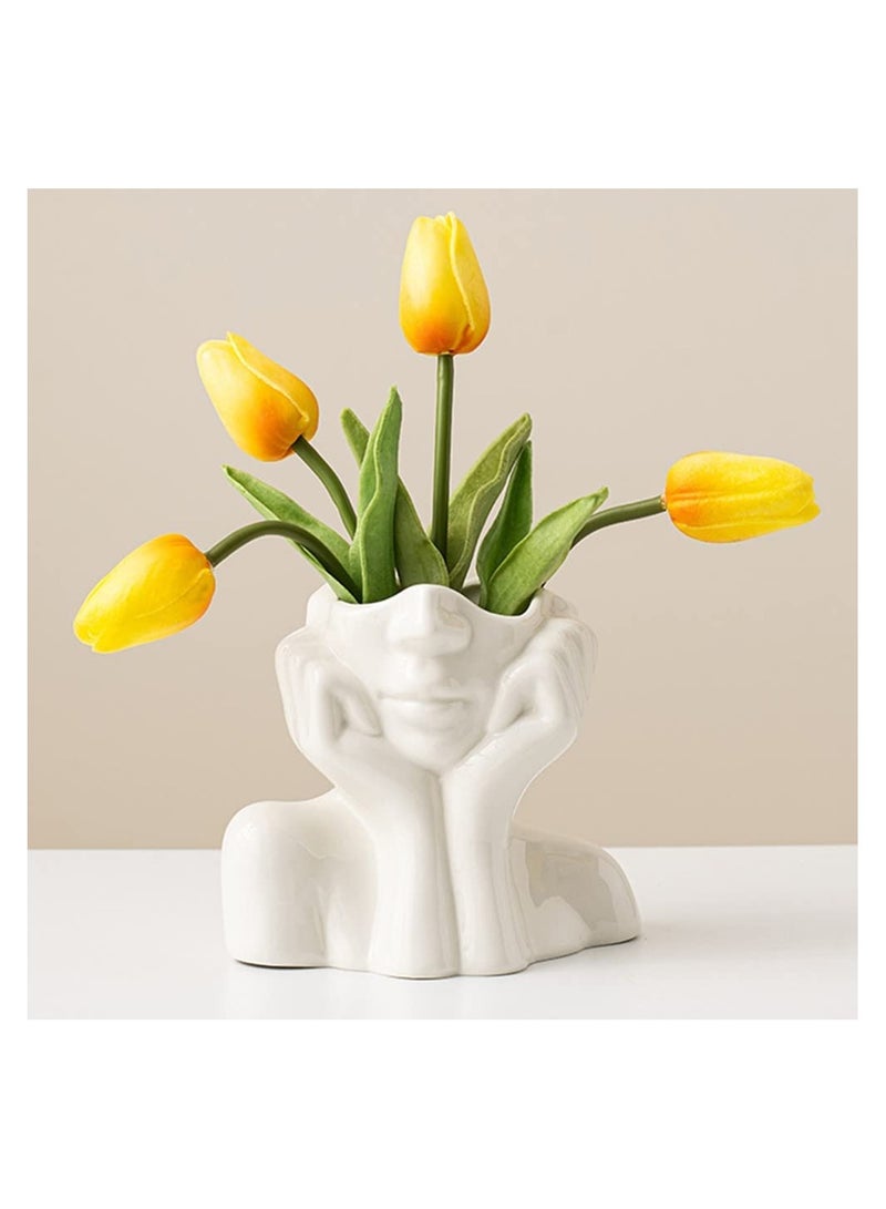 Boho White Ceramic Female Face Vase, Minimalist Nordic Style Decorative Flower Holder for Home & Office (W 5.5" x H 4.5") - Image 1