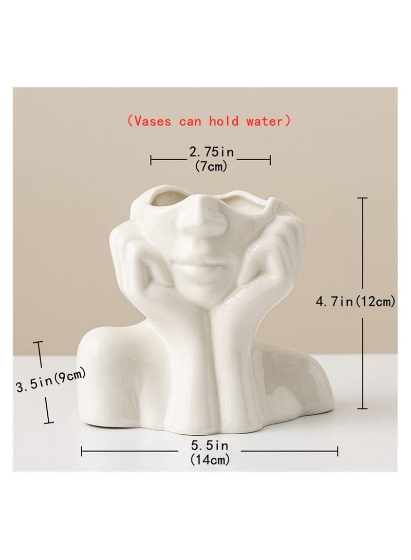 Boho White Ceramic Female Face Vase, Minimalist Nordic Style Decorative Flower Holder for Home & Office (W 5.5" x H 4.5") - Image 5