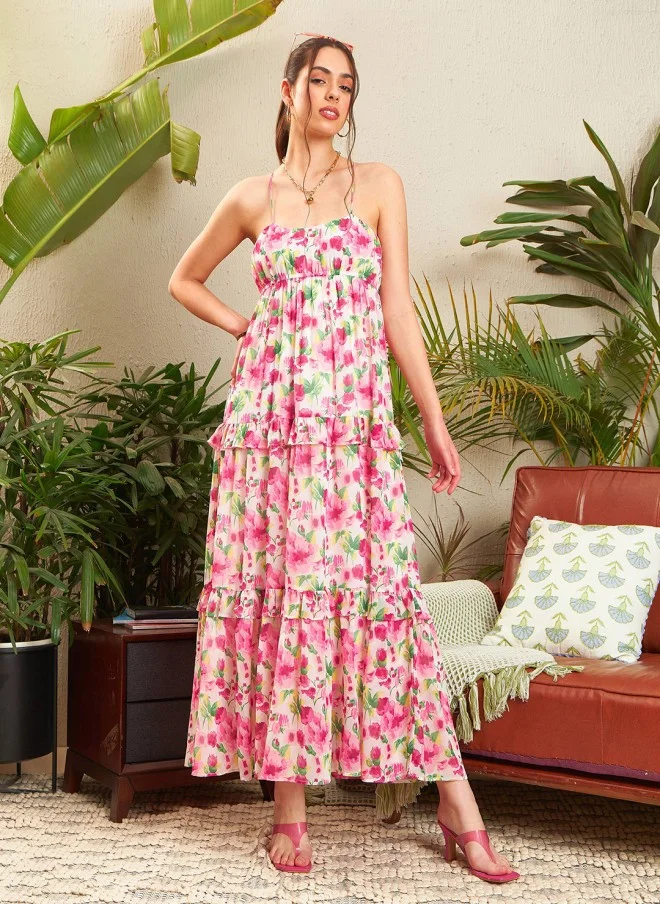 SASSAFRAS Floral Printed Halter Neck Maxi Dress for Women