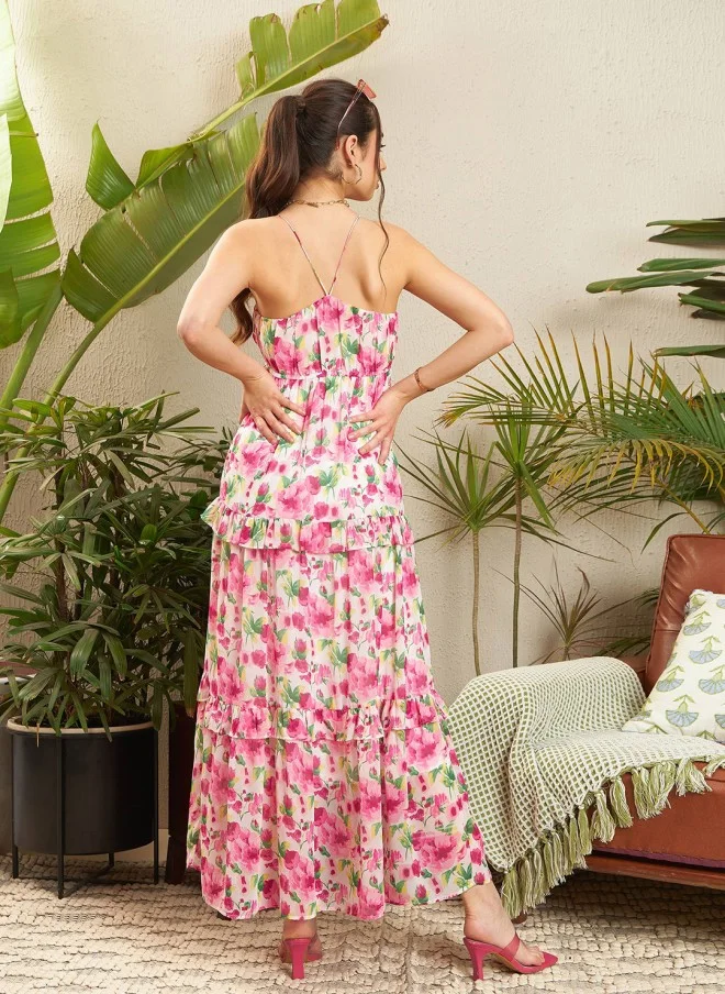 SASSAFRAS Floral Printed Halter Neck Maxi Dress for Women
