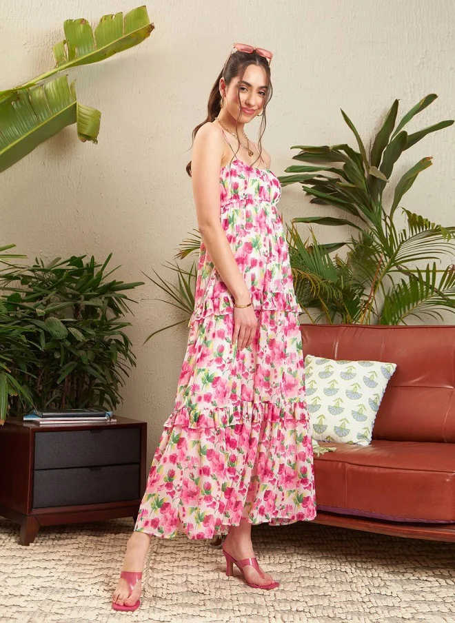 SASSAFRAS Floral Printed Halter Neck Maxi Dress for Women