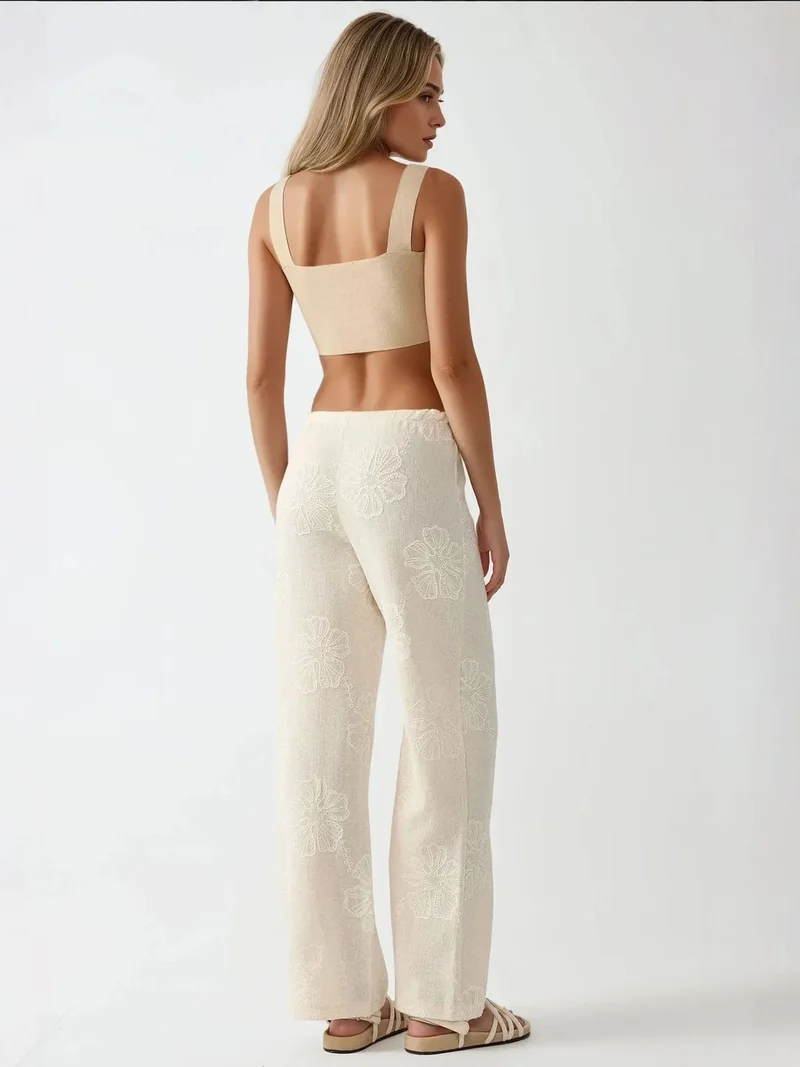 HICCUP High Waist Floral Embroidered Wide Leg Pants