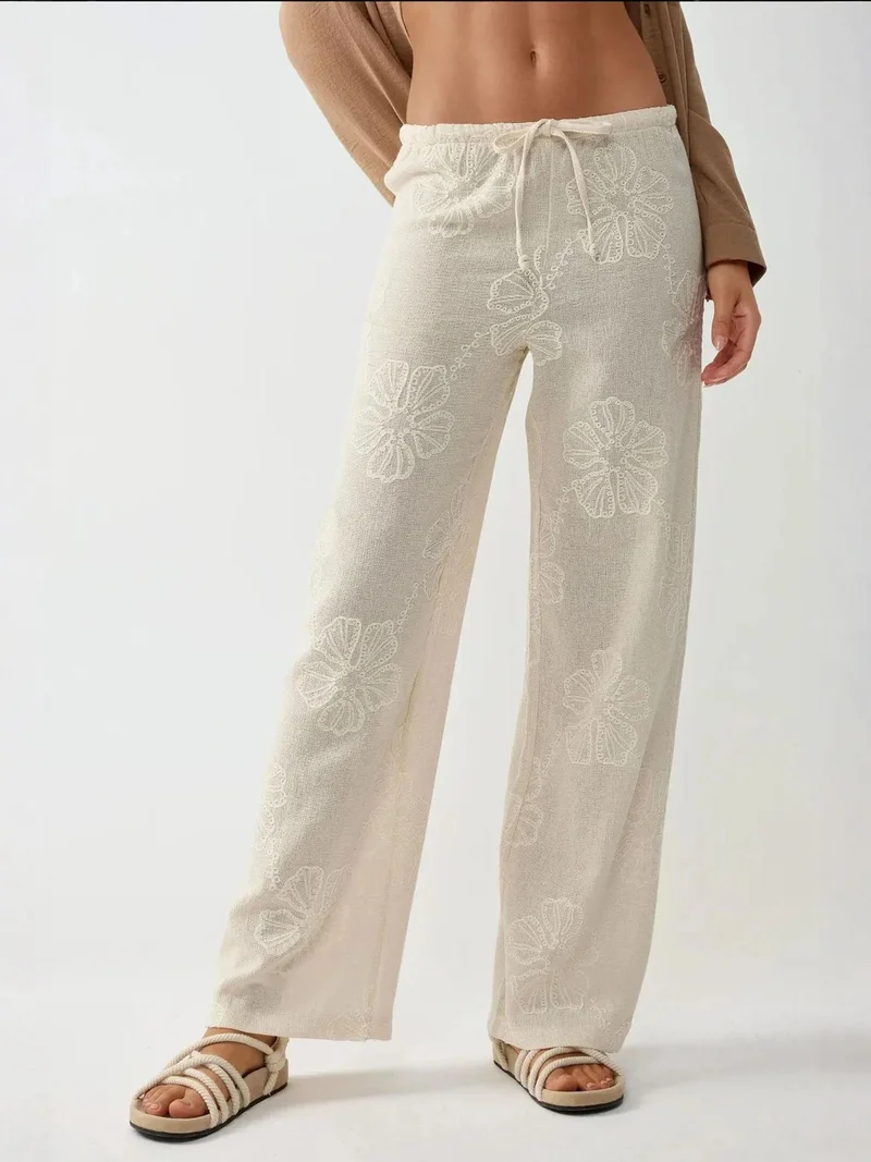 HICCUP High Waist Floral Embroidered Wide Leg Pants