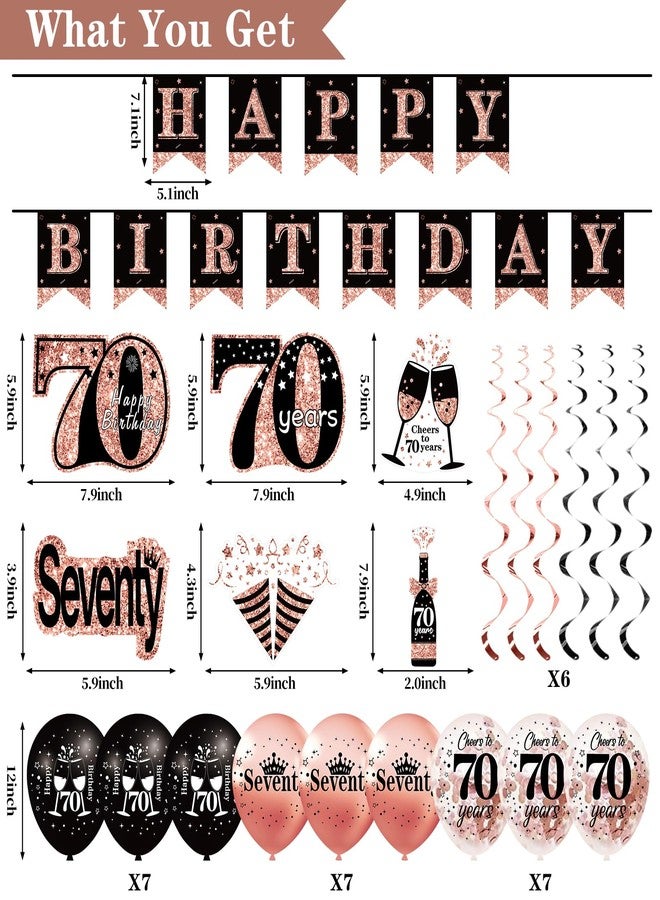 Uiorgui 70th Birthday Decorations for Women, 33pcs 70th Birthday Crown and Sash, Black Rose Gold Happy 70th Birthday Banner Balloons Backdrop Hanging Swirls Paper Fans, 70 Years Old Birthday Decorations Kit - Image 2