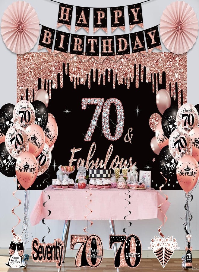 Uiorgui 70th Birthday Decorations for Women, 33pcs 70th Birthday Crown and Sash, Black Rose Gold Happy 70th Birthday Banner Balloons Backdrop Hanging Swirls Paper Fans, 70 Years Old Birthday Decorations Kit - Image 5