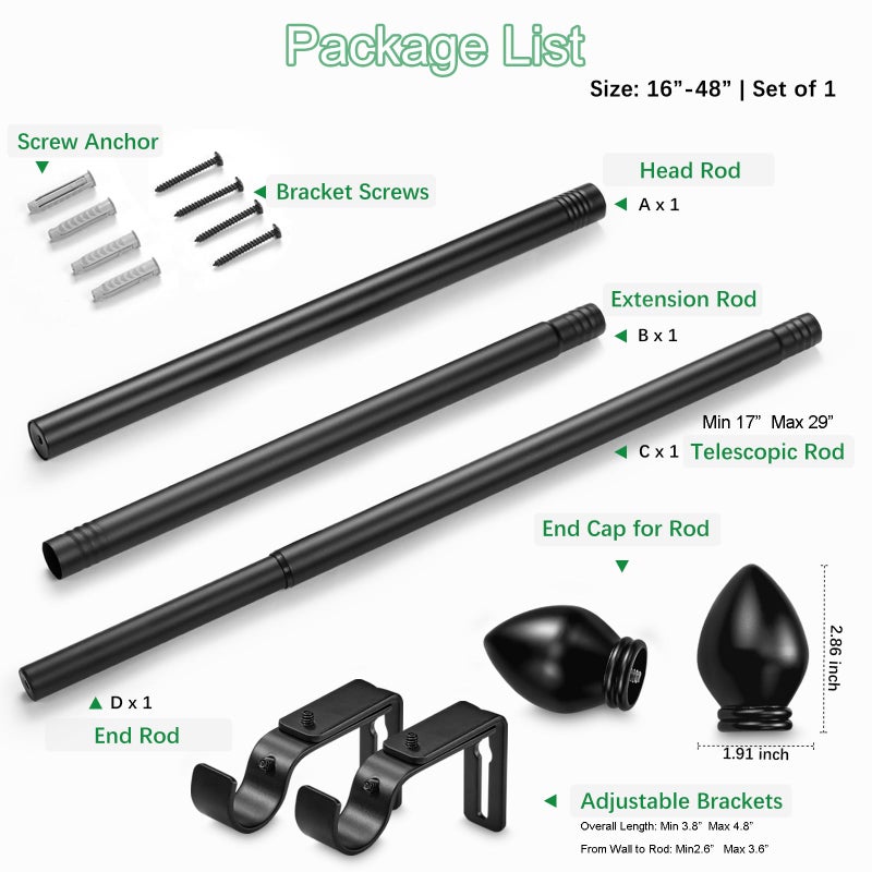 LLPJS Curtain Rods for Windows 16 to 48 inches, Curtain Rod Max Adjustable Length to 60 in, Drapery Rod 1 inch Diameter with Modern Knobs Finials (Black, 16" to 48" - Set of 1) - Image 3