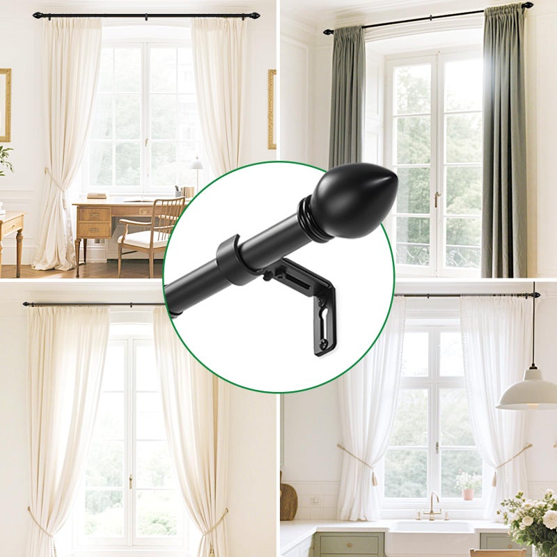 LLPJS Curtain Rods for Windows 16 to 48 inches, Curtain Rod Max Adjustable Length to 60 in, Drapery Rod 1 inch Diameter with Modern Knobs Finials (Black, 16" to 48" - Set of 1) - Image 5