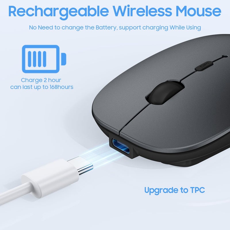 SUNGI Bluetooth Mouse,Wireless Slim Silent Mouse Jiggler Rechargable Mouse for iPad/MacBook/Tablet/PC/iPhone/Cellphone,Gray - Image 4