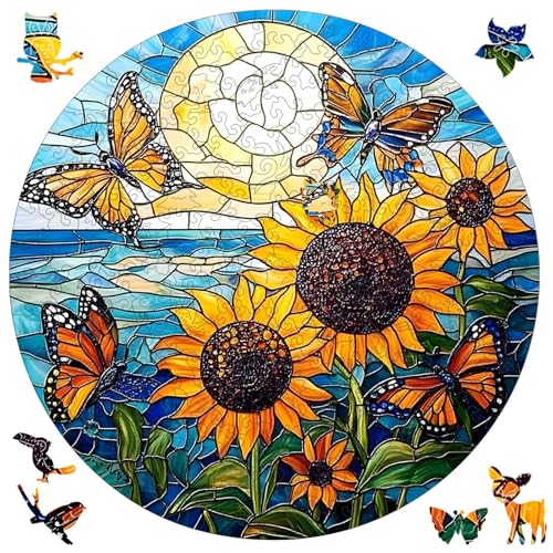 Qiuenisray Wooden Puzzles for Adults 500 Pieces Sunflower Butterfly Jigsaw Puzzles FSC Certified Royal Unique Shape Adult Wood Puzzles Creative Gift for Family Game 165x165 in - Image 1