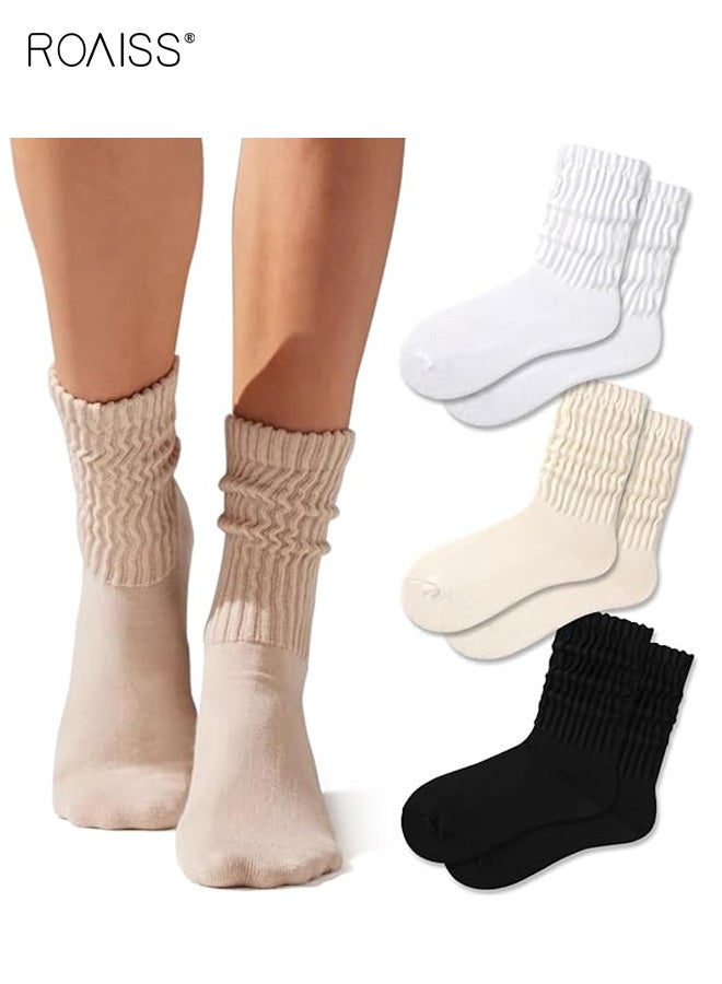 roaiss Women's 4 Pairs Crew Socks for Women Multipairs Cotton Cushioned Athletic Socks Retro Slouch Socks Mid Calf Rib Tube Socks Autumn and Winter Soft Socks Plus Velvet Warm Thick Thread Stockings - Image 1