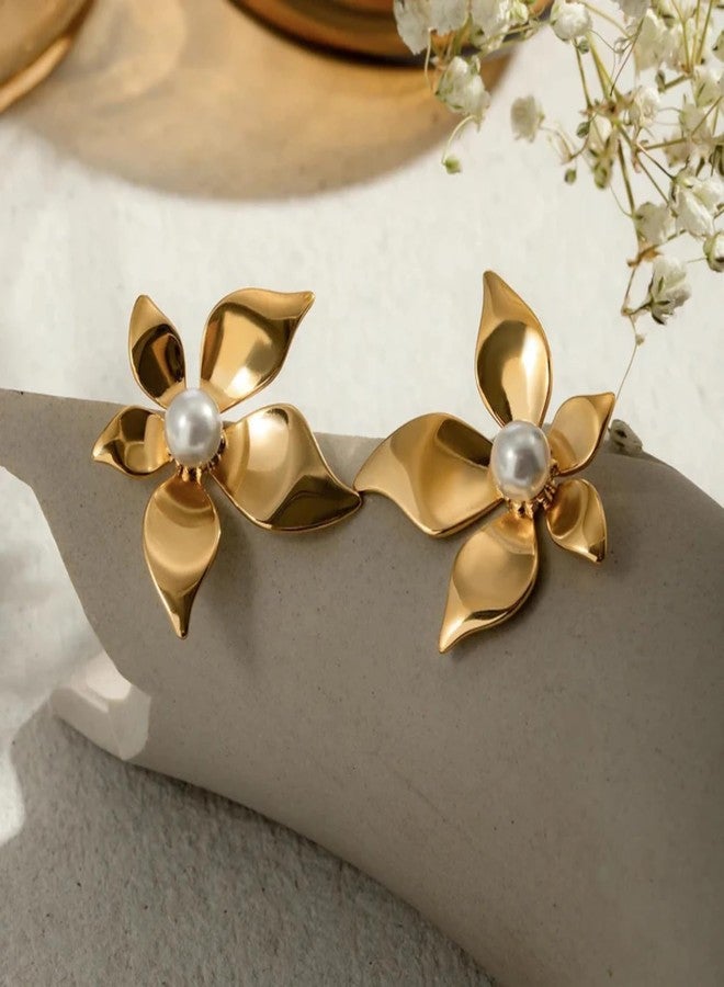 Nextcart Trendy Anti Tarnish Gold Plated Petal Flower Stud Earrings For Women & Girls Stylish - Lightweight White Pearl Floral Design Korean Fashion Jewelry - Image 2