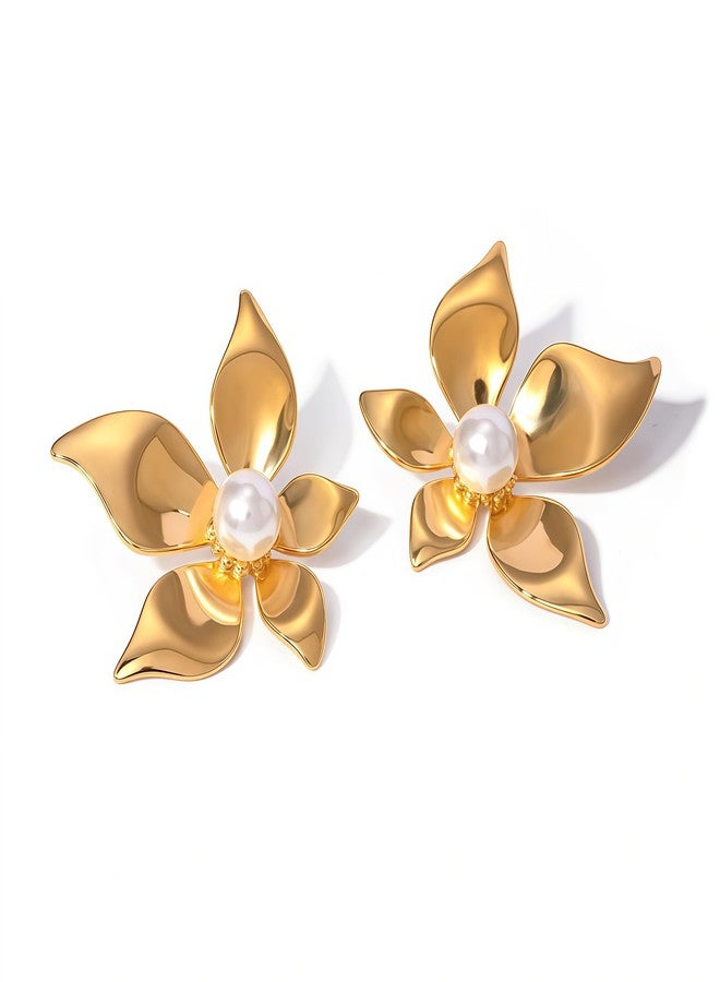 Nextcart Trendy Anti Tarnish Gold Plated Petal Flower Stud Earrings For Women & Girls Stylish - Lightweight White Pearl Floral Design Korean Fashion Jewelry - Image 1