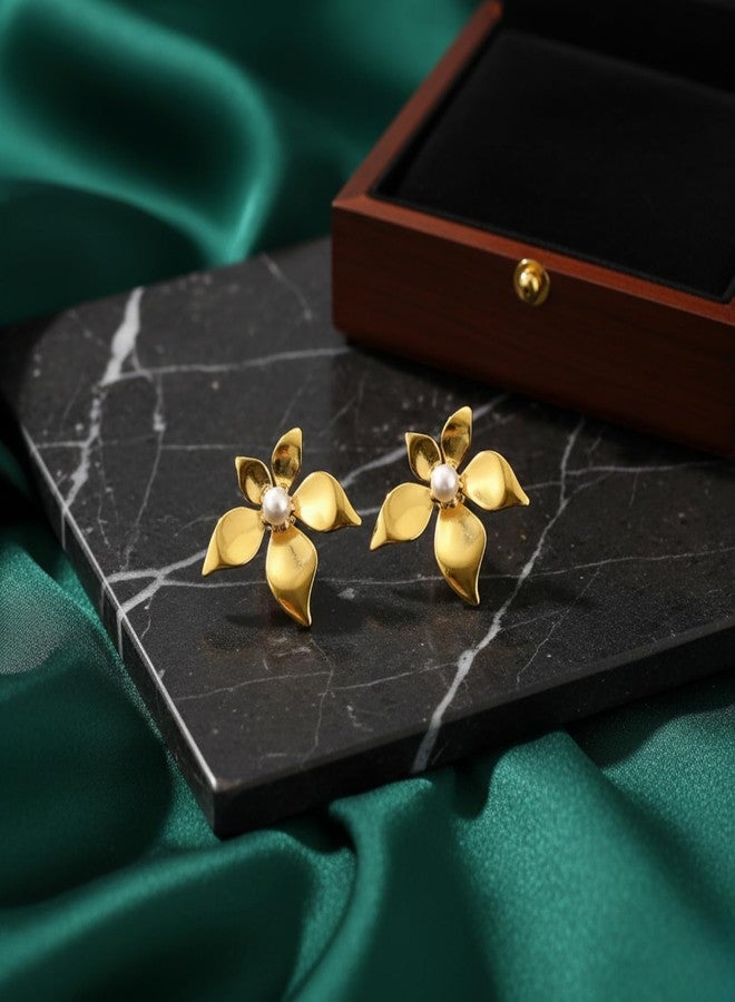 Nextcart Trendy Anti Tarnish Gold Plated Petal Flower Stud Earrings For Women & Girls Stylish - Lightweight White Pearl Floral Design Korean Fashion Jewelry - Image 5