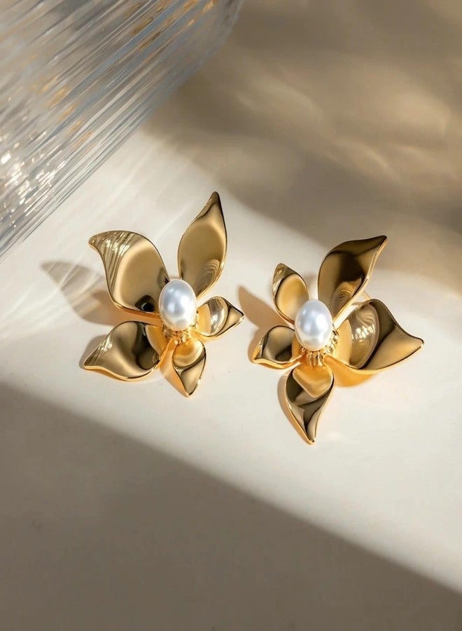 Nextcart Trendy Anti Tarnish Gold Plated Petal Flower Stud Earrings For Women & Girls Stylish - Lightweight White Pearl Floral Design Korean Fashion Jewelry - Image 3