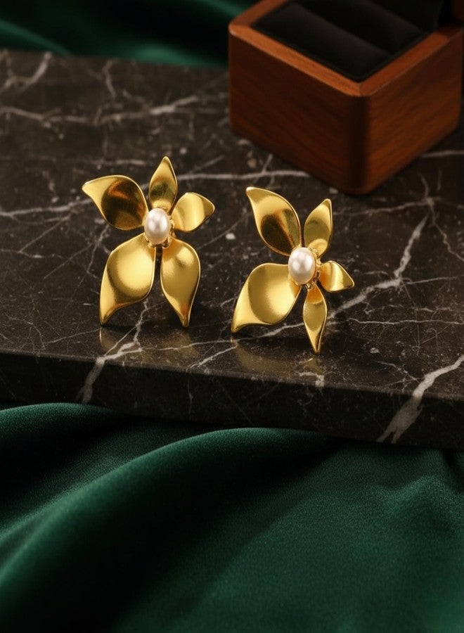 Nextcart Trendy Anti Tarnish Gold Plated Petal Flower Stud Earrings For Women & Girls Stylish - Lightweight White Pearl Floral Design Korean Fashion Jewelry - Image 4