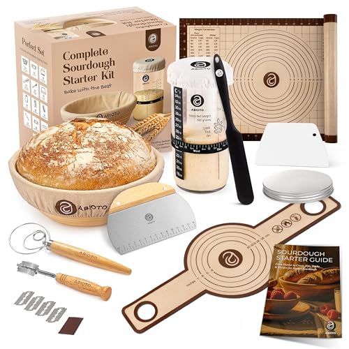 ABIOTO Sourdough Starter Kit with 9 Round Banneton Proofing Basket and 24oz Starter Jar BeginnerFriendly Sourdough Bread Baking Supplies and Baking Gifts for Women Men and Bread Bakers - Image 1