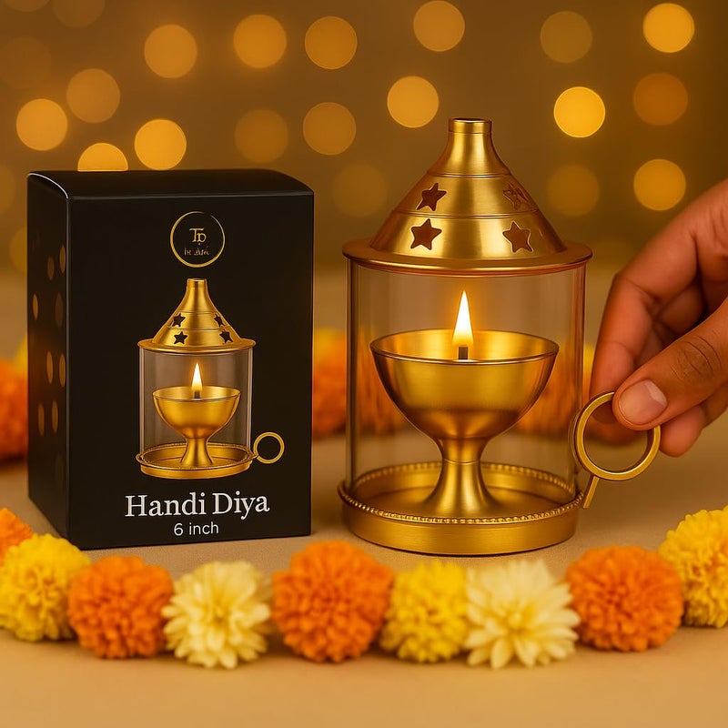 True Decor 6 Inches Brass Akhand Diya Medium Size Akhand Jyot with Borosilicate Glass Cover Brass Diya for Puja with Handle - Image 5