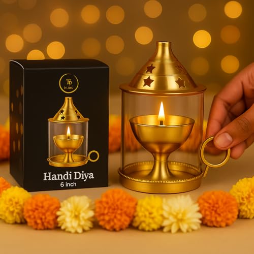 True Decor 6 Inches Brass Akhand Diya Medium Size Akhand Jyot with Borosilicate Glass Cover Brass Diya for Puja with Handle - Image 1