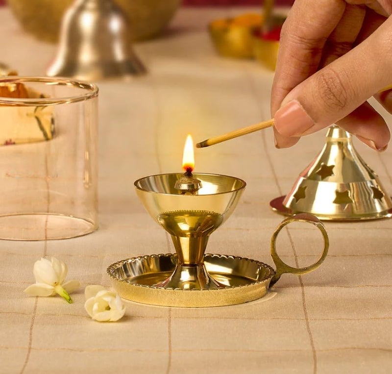 True Decor 6 Inches Brass Akhand Diya Medium Size Akhand Jyot with Borosilicate Glass Cover Brass Diya for Puja with Handle - Image 3